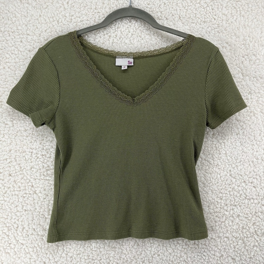 SO Cropped Top Women's Size Medium Short Sleeve Waffle Knit Lace Hem Y2K 90S VTG